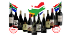 A selection of 12 bottles of South African red wine, displayed in a collage format with South African flag colors at the top.